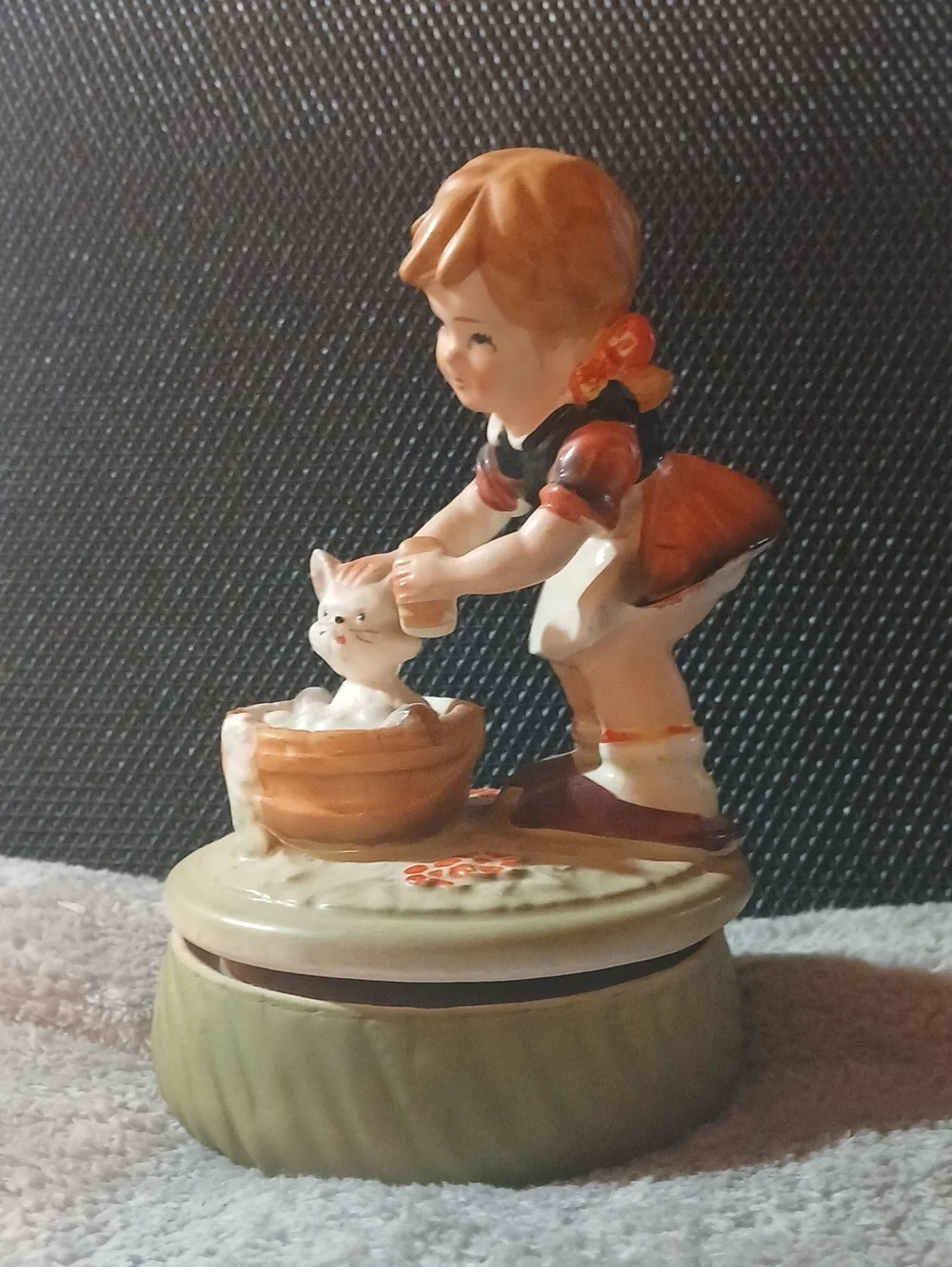 Vintage Girl Washing Kitten Figurine - Cream, Brown, Black